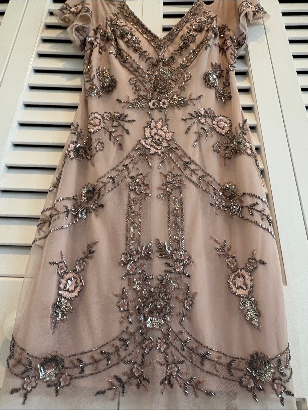 Aidan Mattox Dress Beaded Gatsby Cocktail Nude Champagne Floral Sequin Mesh 4 - Picture 6 of 14